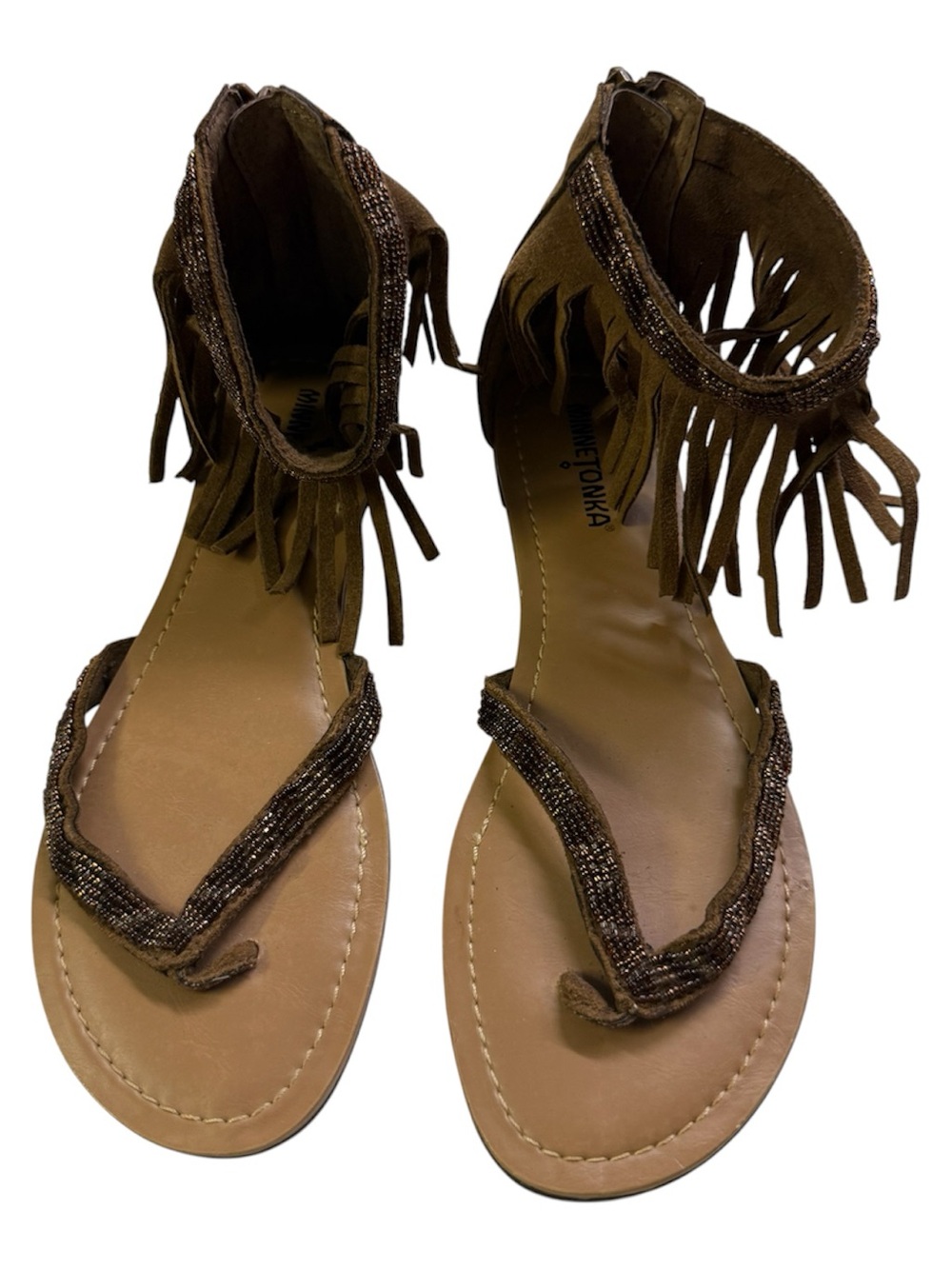 Minnetonka Brown Suede Fringe Beaded Sandals Thongs Ankle Fringe Zip Back Sz 8